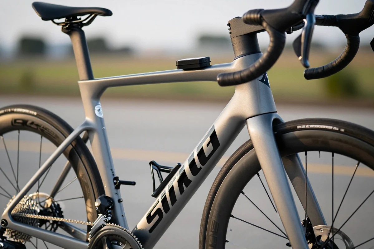 Szczegóły roweru szosowego, kąt biodra i geometria ramy, fotografia w plenerze.