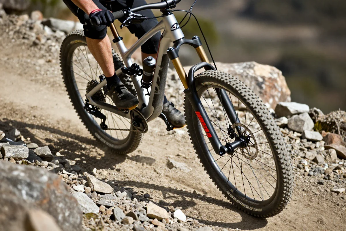 Rower górski na stromym zjeździe, ukazujący geometrię ramy i detale.