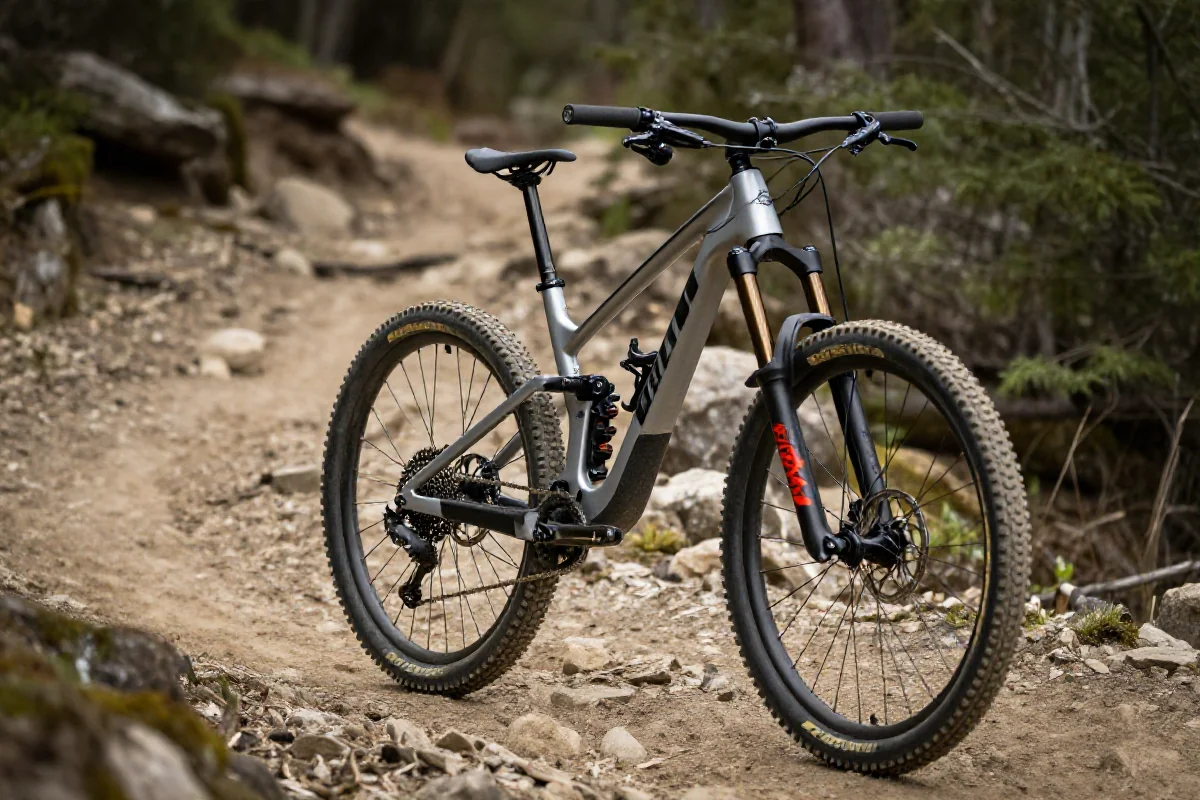 Rower górski w neutralnej pozycji na trudnym szlaku leśnym.