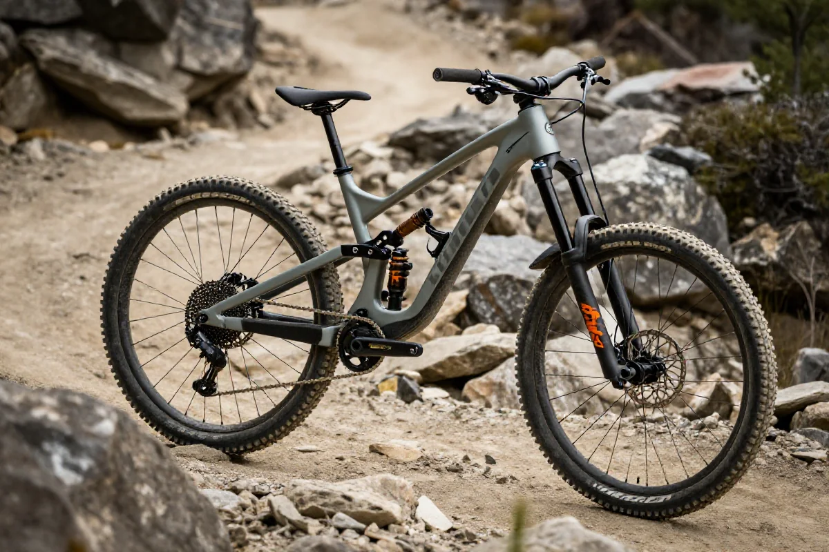 Rower górski na stromej trasie zjazdowej, pokazujący szczegóły techniczne.