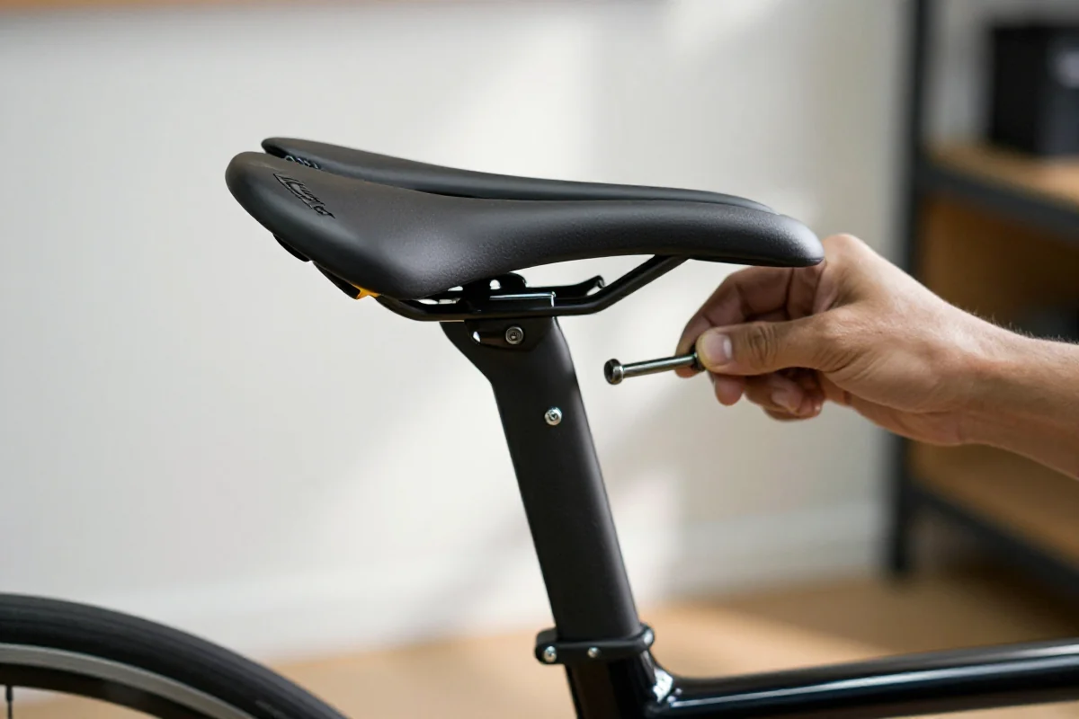 Regulacja siodełka w rowerze szosowym, pokazująca proces dostosowywania wysokości.