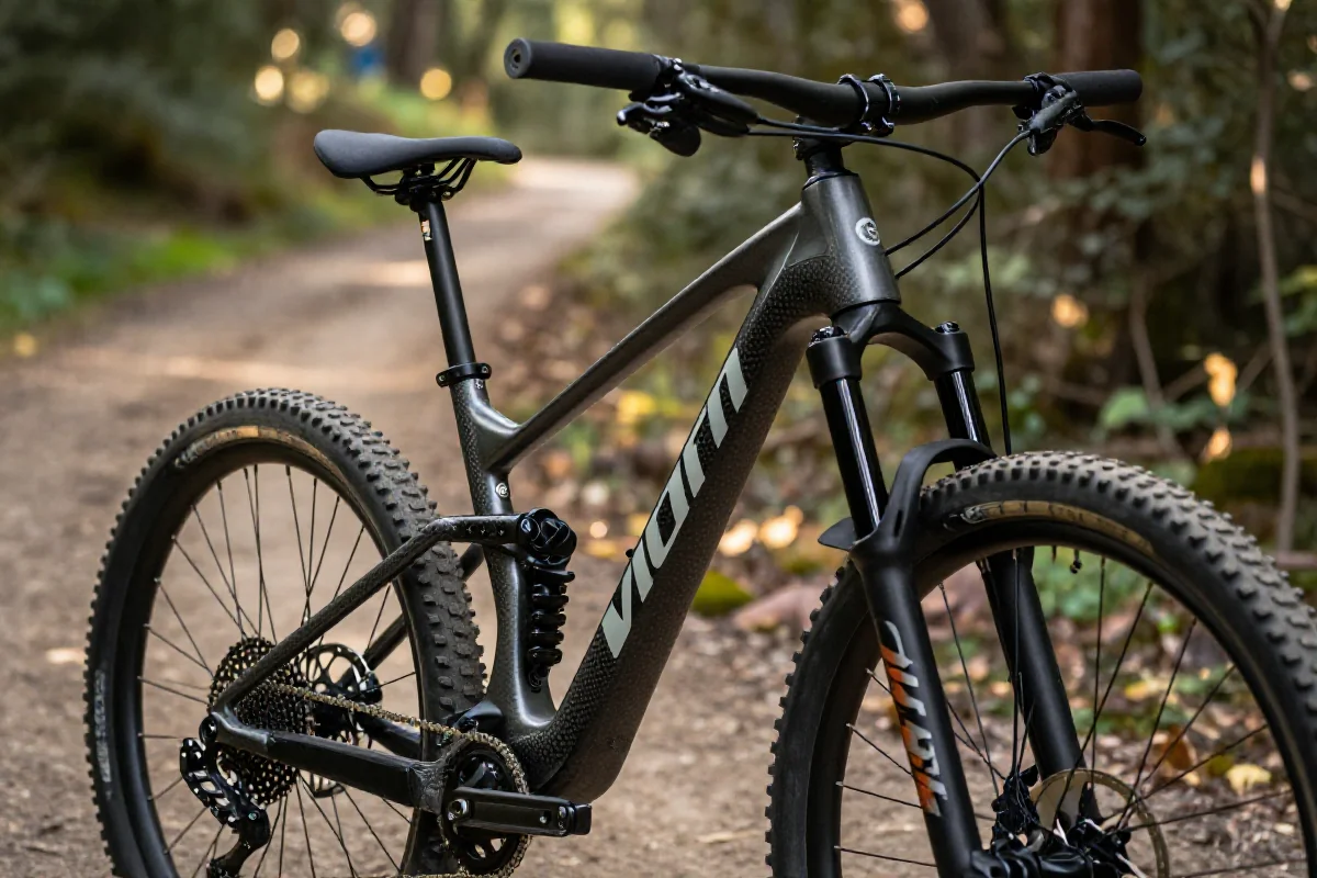 Zbliżenie na rower XC z włókna węglowego, podkreślający wydajność i geometrię.