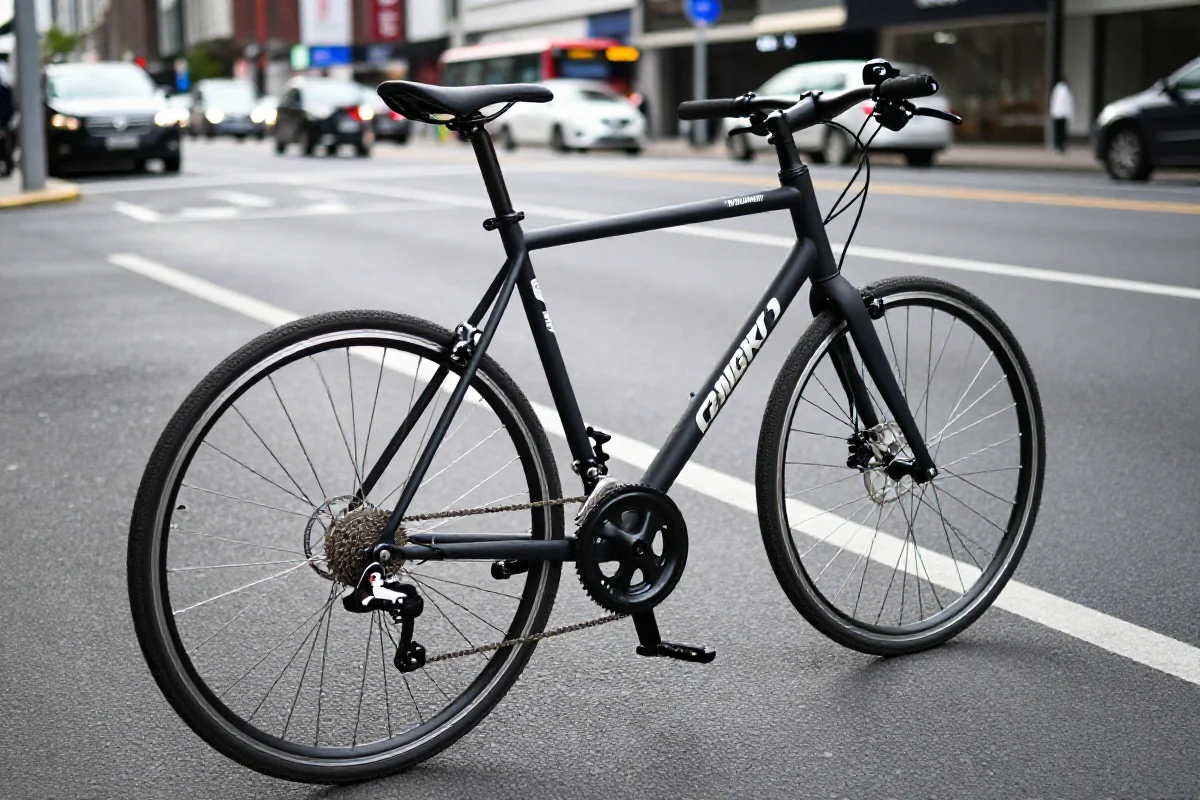 Rower miejski na szerokiej ulicy, pokazujący pozycjonowanie na drodze.