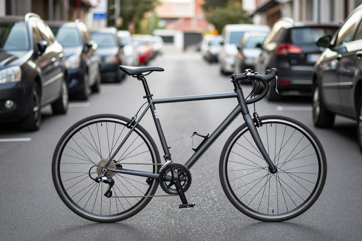 Rower na wąskiej ulicy jednokierunkowej, pokazujący bezpieczne pozycjonowanie w ruchu miejskim.