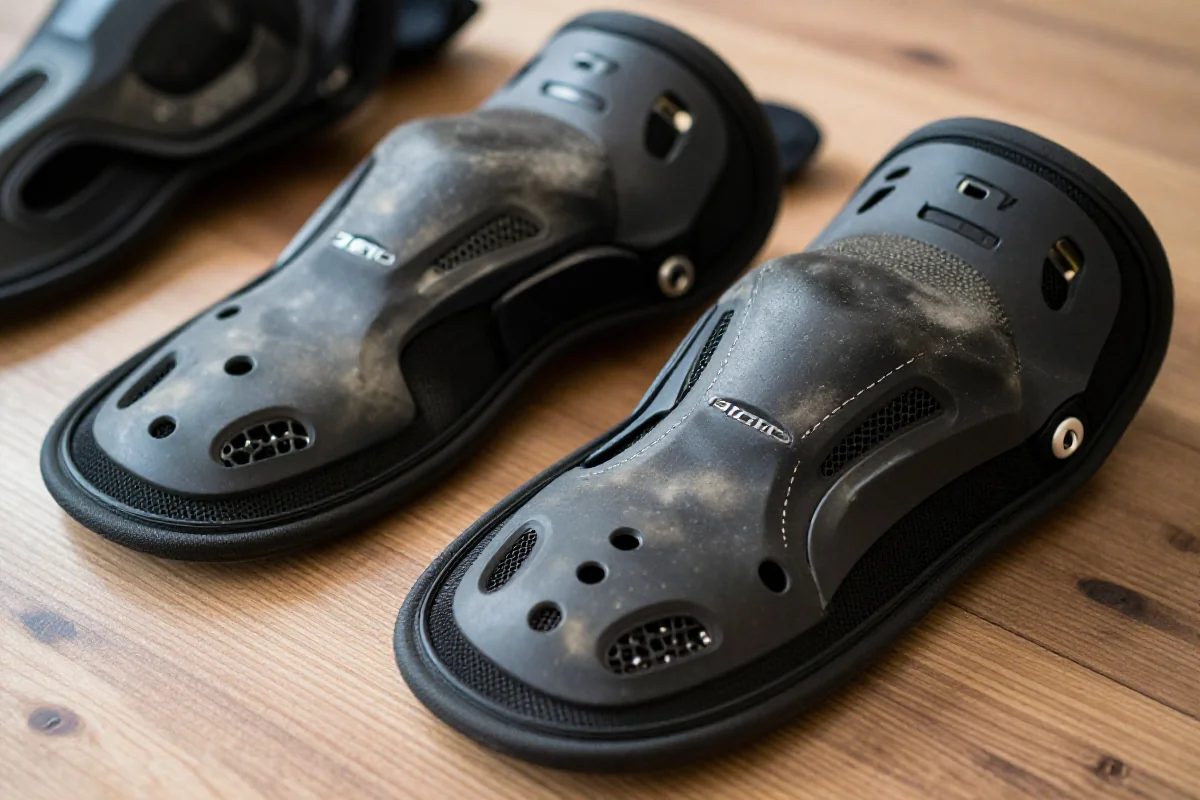 Zbliżenie na nakolanniki do MTB z materiałów ochronnych, idealne do prania.