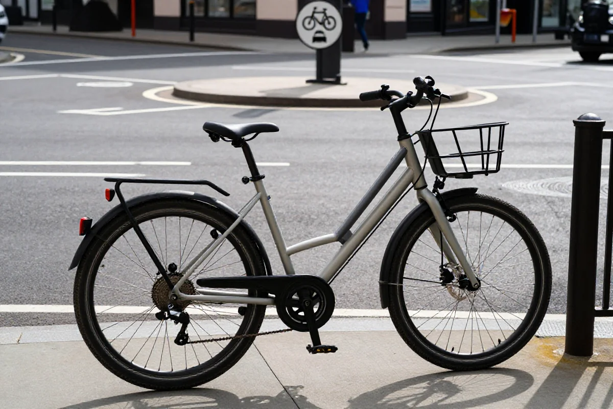 Rower miejski przed rondem dwupasmowym, bezpieczeństwo na skrzyżowaniach.
