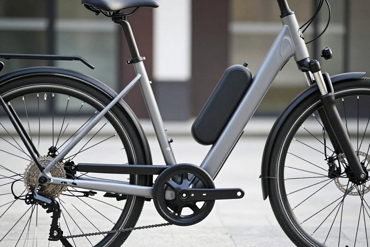 Nowoczesny rower elektryczny z widocznymi detalami technicznymi i ramą