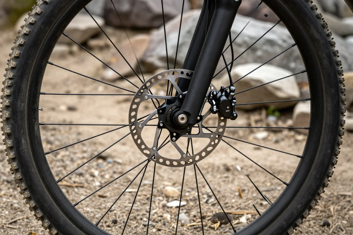 Szczegóły hamulców hydraulicznych w rowerze górskim na trasie MTB.