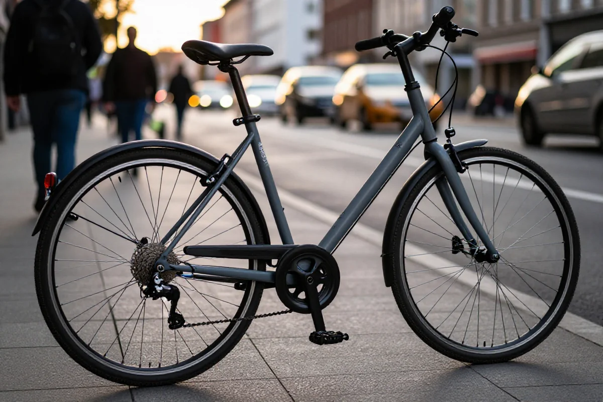 Rower miejski z bliska w miejskim otoczeniu, podkreślający elementy bezpieczeństwa jazdy.