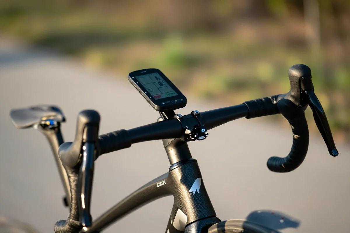 Komputer rowerowy premium na kierownicy roweru szosowego w czasie jazdy.