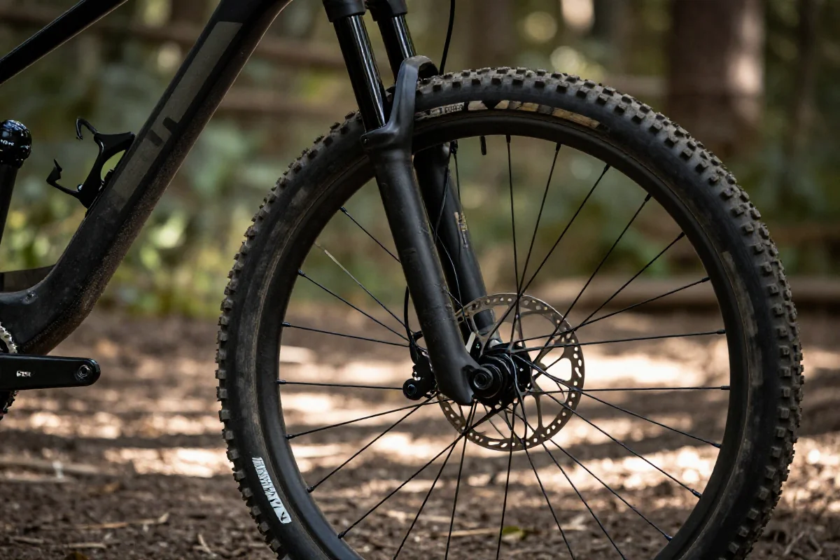 Detale roweru górskiego, w tym widelec, koło i hamulce, w naturalnym otoczeniu.