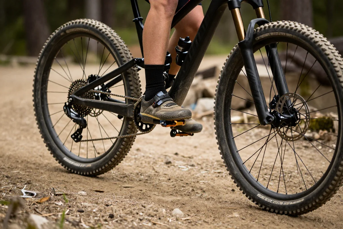 Rower górski na ścieżce, pokazujący presję na zewnętrznym pedale w zakręcie.