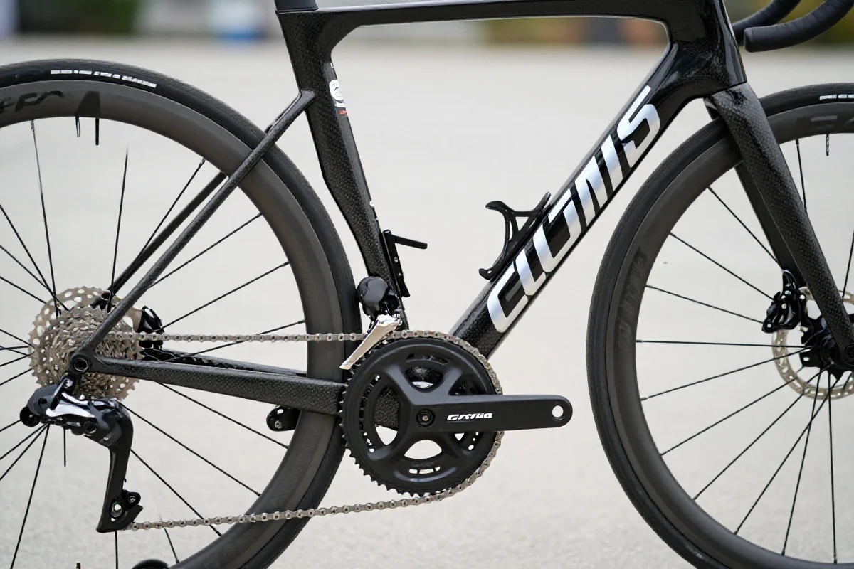 Bliski widok na ramę roweru szosowego i szczegóły mechaniczne.