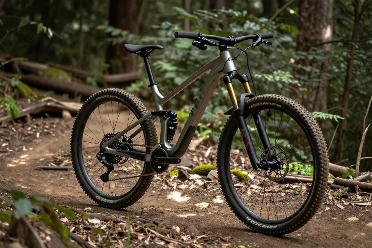 Rower górski na szlaku leśnym, pokazujący detale komponentów.