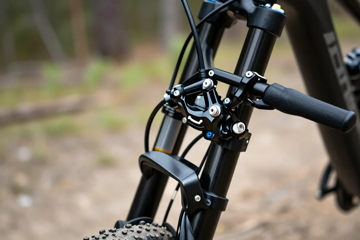 Hydrauliczne hamulce roweru górskiego z widocznymi komponentami i detalami.