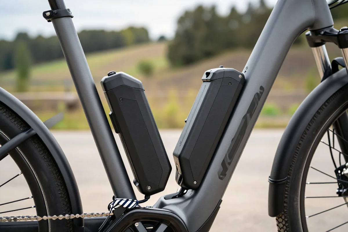 Akumulator roweru elektrycznego z widocznymi szczegółami, idealny do wycieczek e-bike.