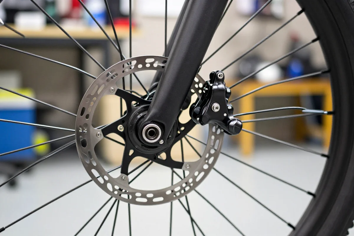 Zbliżenie na system hamulcowy roweru szosowego z hamulcami tarczowymi i szczękowymi.