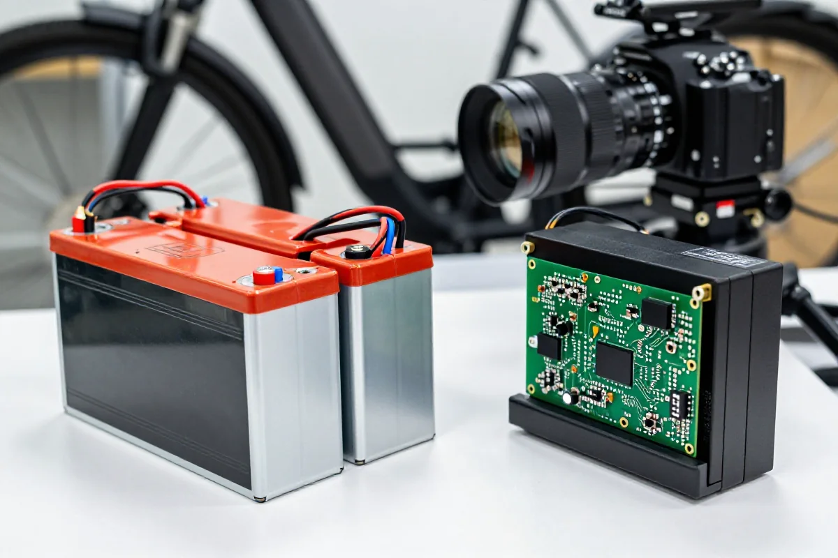 Szczegółowy widok na akumulator litowo-jonowy i system BMS w rowerze elektrycznym.