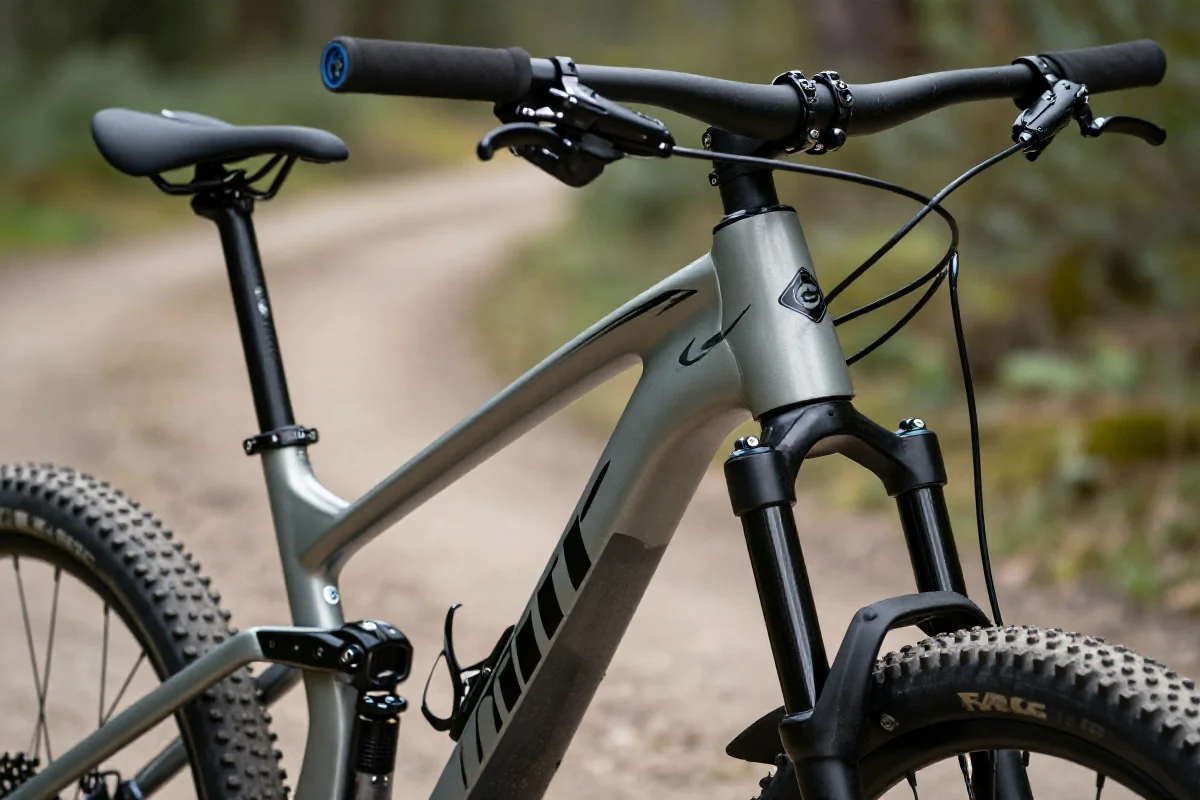 Ergonomiczny rower górski z regulowanym siodełkiem i kierownicą na leśnej trasie.