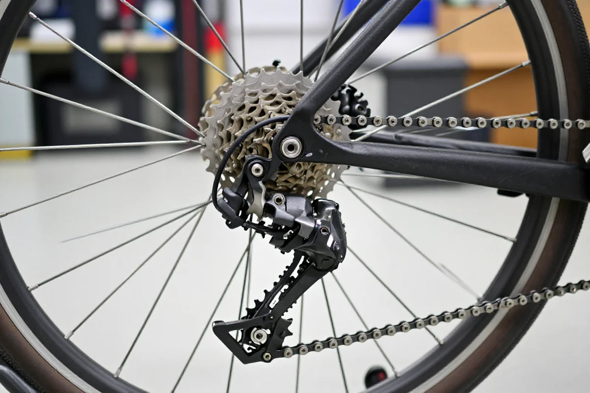 Zbliżenie na przerzutkę rowerową i łańcuch, pokazujące problemy z przerzutkami.