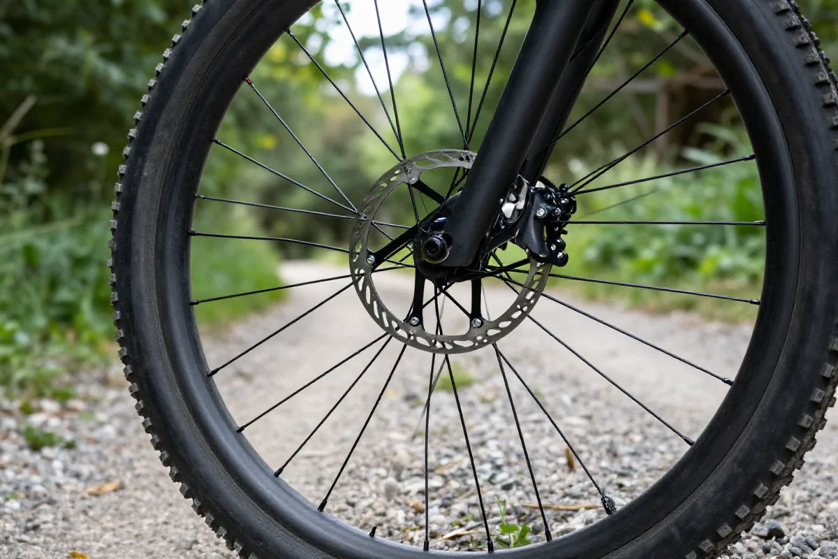 Szczegółowe zdjęcie koła roweru górskiego na trasie rowerowej.