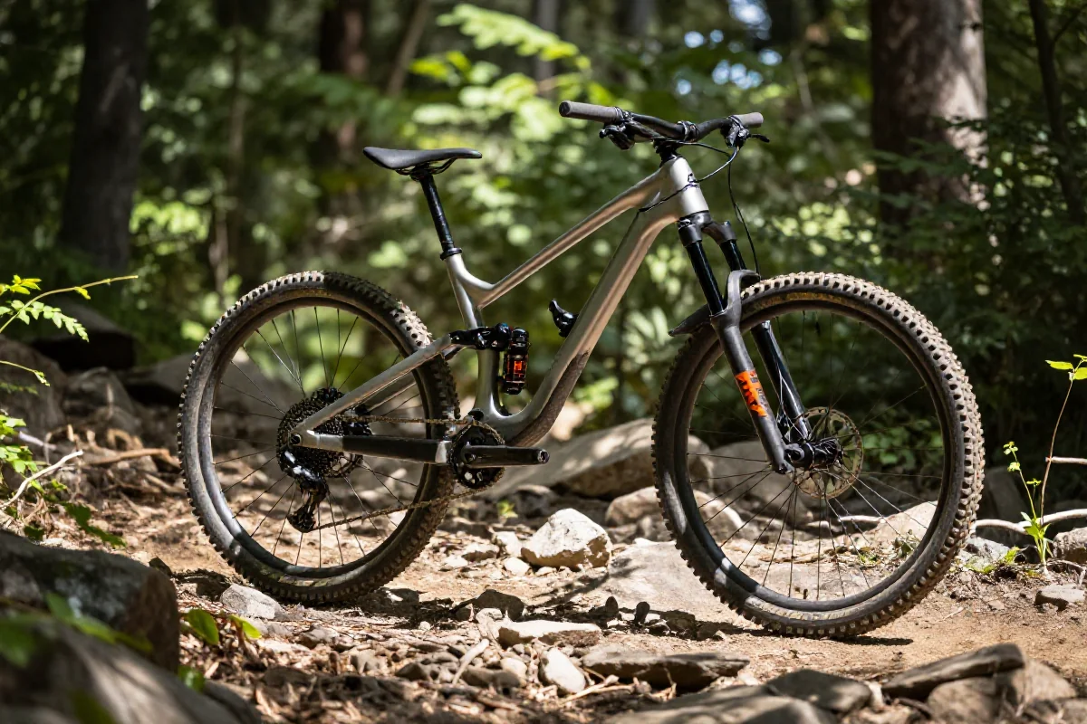 Rower górski na trudnej trasie w lesie, idealny do wypraw tygodniowych.