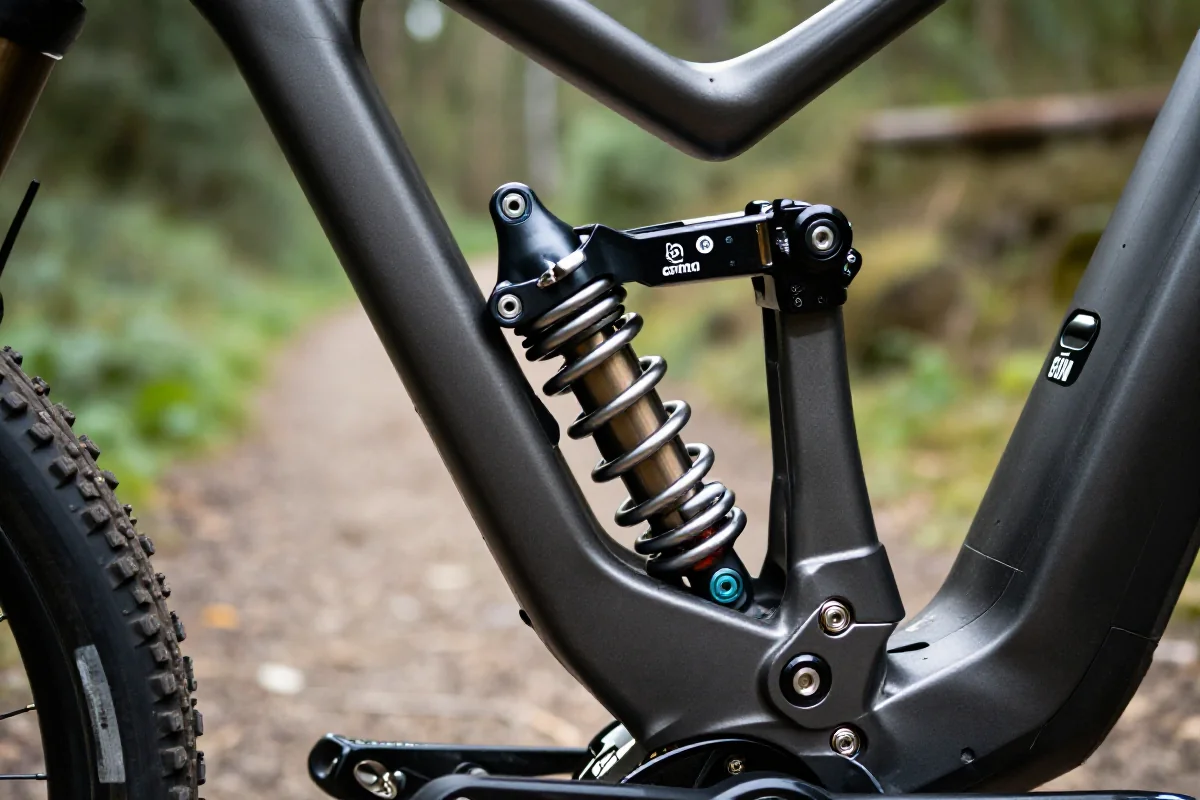 Szczegółowy widok systemu zawieszenia roweru górskiego z amortyzatorem