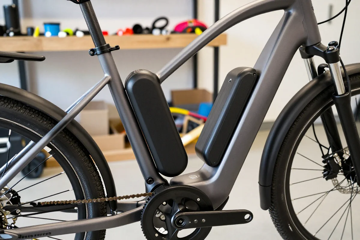 Szczegółowy obraz elektrycznego roweru z widocznymi komponentami i akcesoriami.