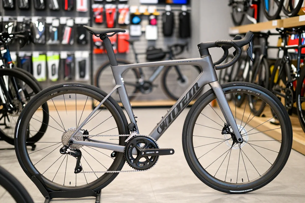 Nowoczesny rower szosowy w sklepie rowerowym, idealny do zakupu.