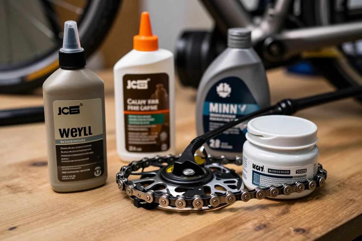 Smarowanie łańcucha rowerowego z różnymi rodzajami smarów na stole warsztatowym.