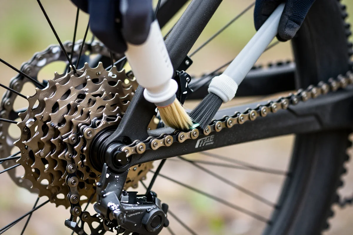 Smarowanie łańcucha roweru górskiego z bliska, detale i narzędzia.