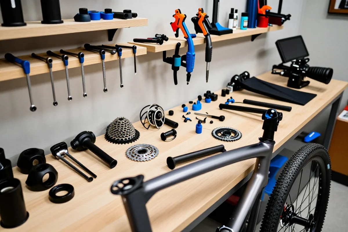 Profesjonalne wyposażenie warsztatu rowerowego z narzędziami i komponentami.