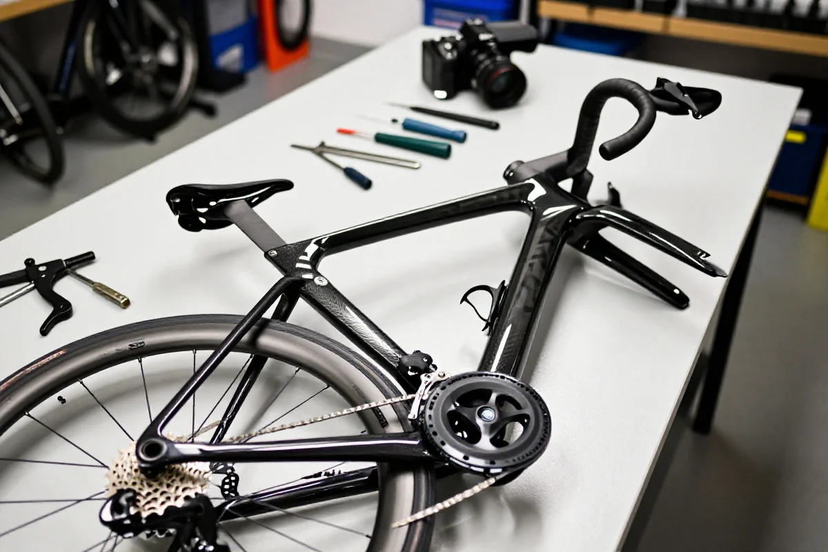 Profesjonalny detailing roweru szosowego w dobrze oświetlonym warsztacie.