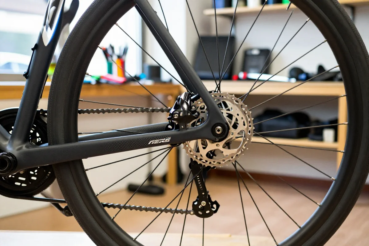 Rower miejski w warsztacie, z widocznymi hamulcami i napędem.