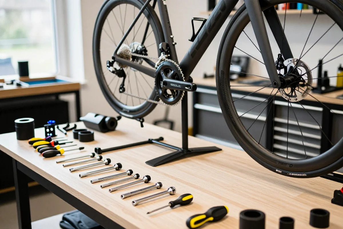 Profesjonalny warsztat domowy do serwisu rowerów szosowych z narzędziami