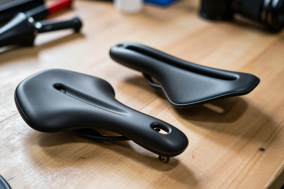 Dwa siodełka MTB: płaskie i wyprofilowane, na drewnianej powierzchni.
