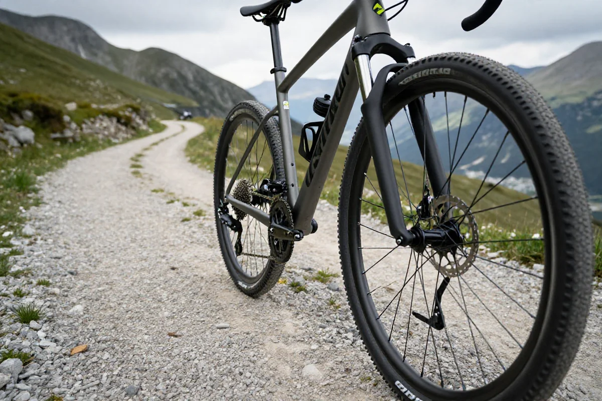 Szczegóły ramy rowerowej na tle wznoszącej się ścieżki rowerowej.