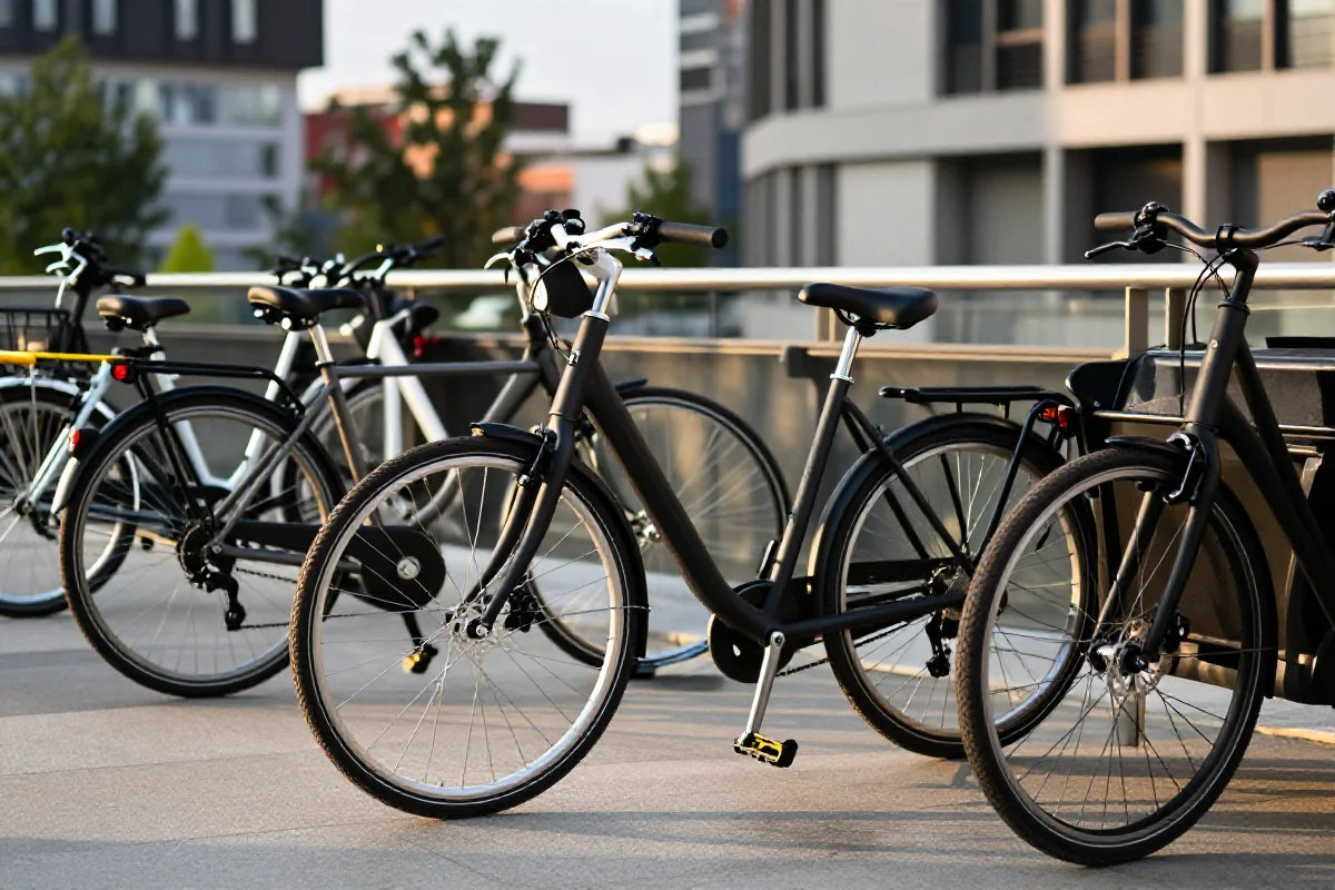Różne rowery miejskie i elektryczne w Krakowie, promujące transport rowerowy.