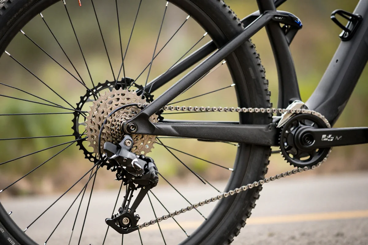Szczegóły techniczne roweru górskiego, w tym napęd i hamulce.