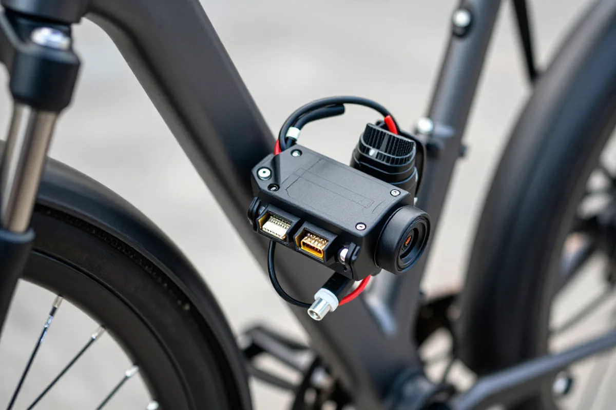 Szczegółowy widok kontrolera elektrycznego roweru z widocznymi złączami i okablowaniem.