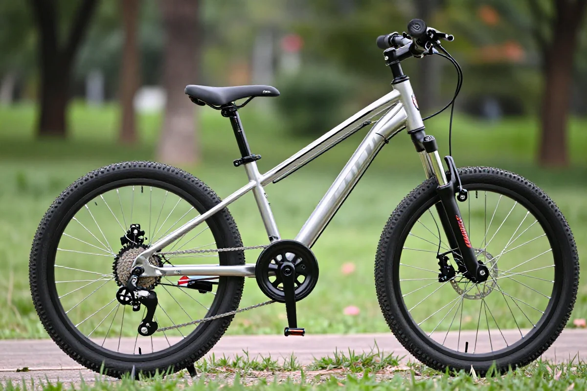 Dziecięcy rower górski w parku, idealny do nauki jazdy terenowej.