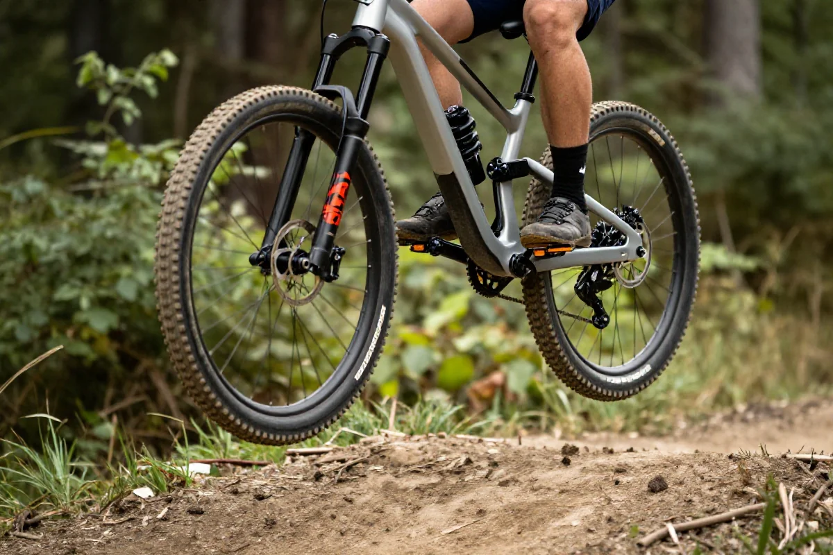 Rower górski w powietrzu wykonujący bunny hop na szlaku leśnym.