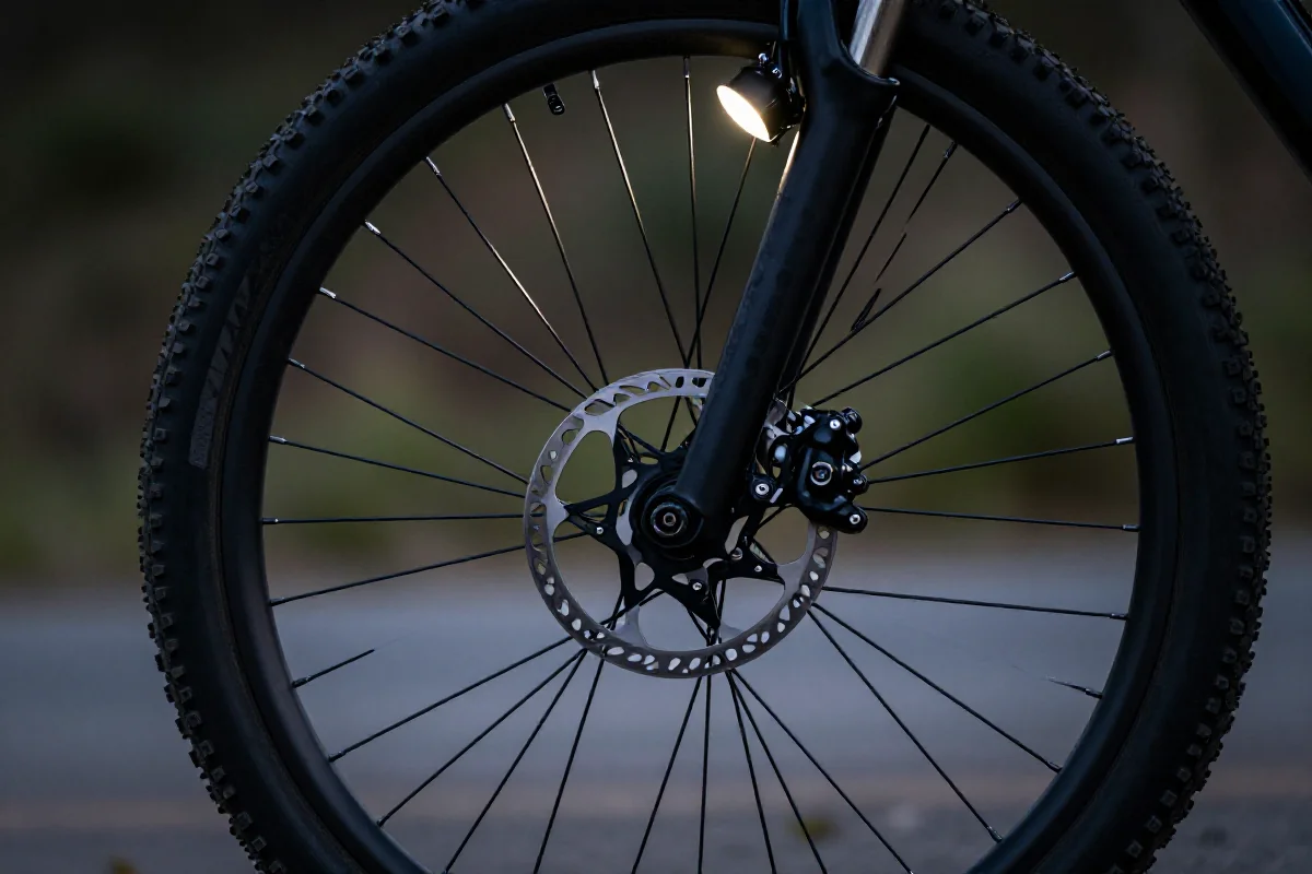 Zbliżenie na przednie koło roweru górskiego z systemem hamulcowym.