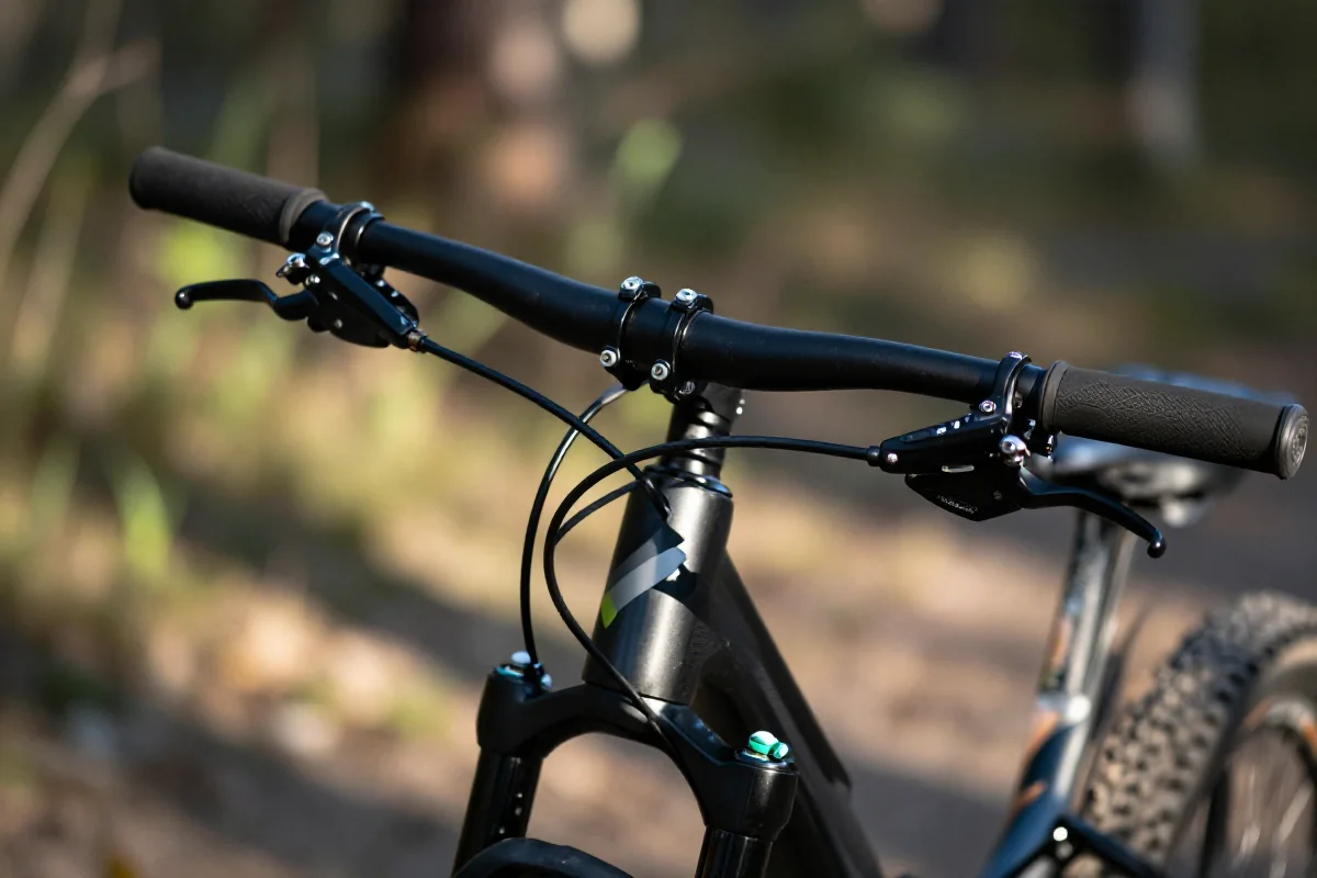 Szczegóły techniczne roweru górskiego, kierownica i komponenty.