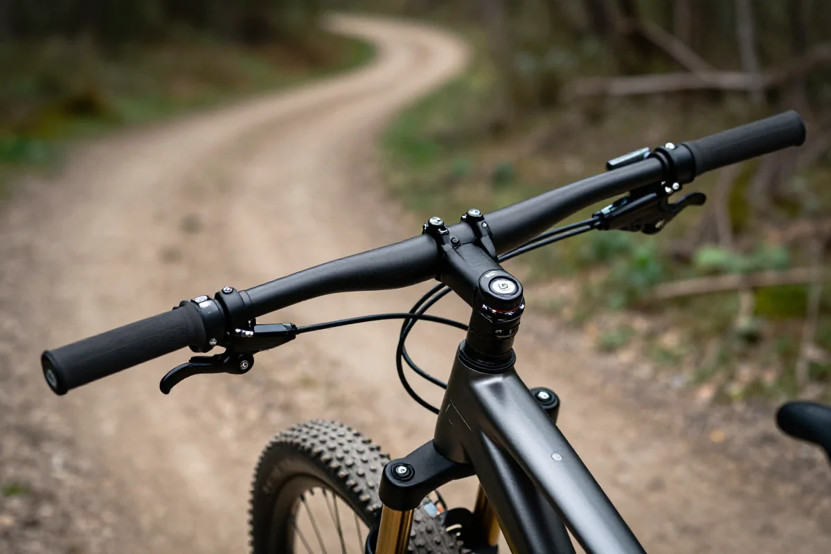 Zbliżenie kierownicy roweru górskiego na ścieżce, z komponentami technicznymi.