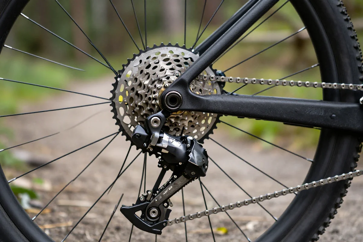 Szczegółowy widok na układ napędowy roweru górskiego z napędem 1x12.