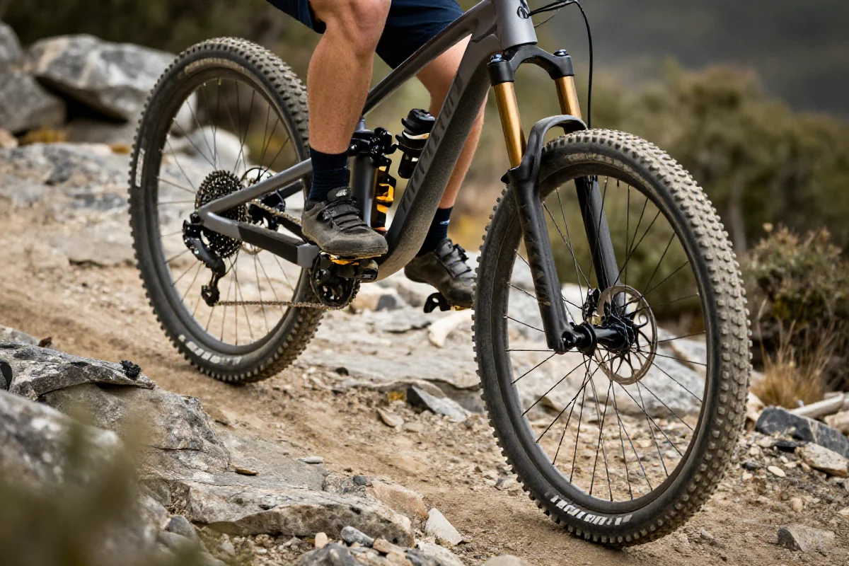 Rower górski na trudnym szlaku, detale ramy i opon, jazda MTB