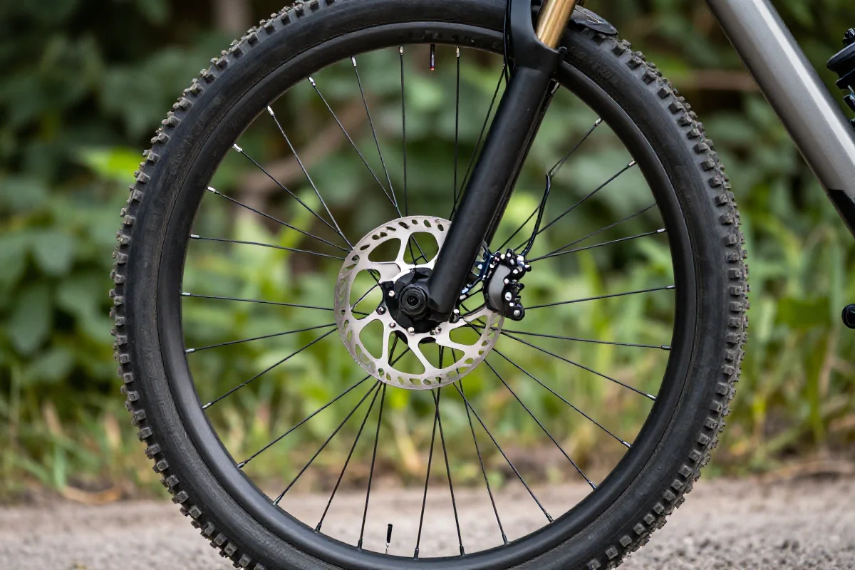 Nowoczesny rower górski z detalami układu hamulcowego i oponami, techniki jazdy w MTB.