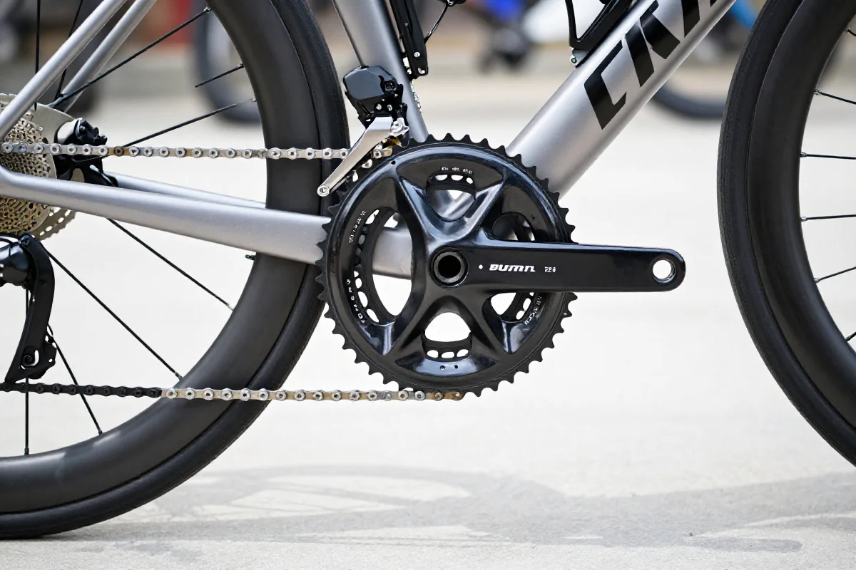 Szczegóły korby i pedałów roweru szosowego, kadencja i trening kolarski.