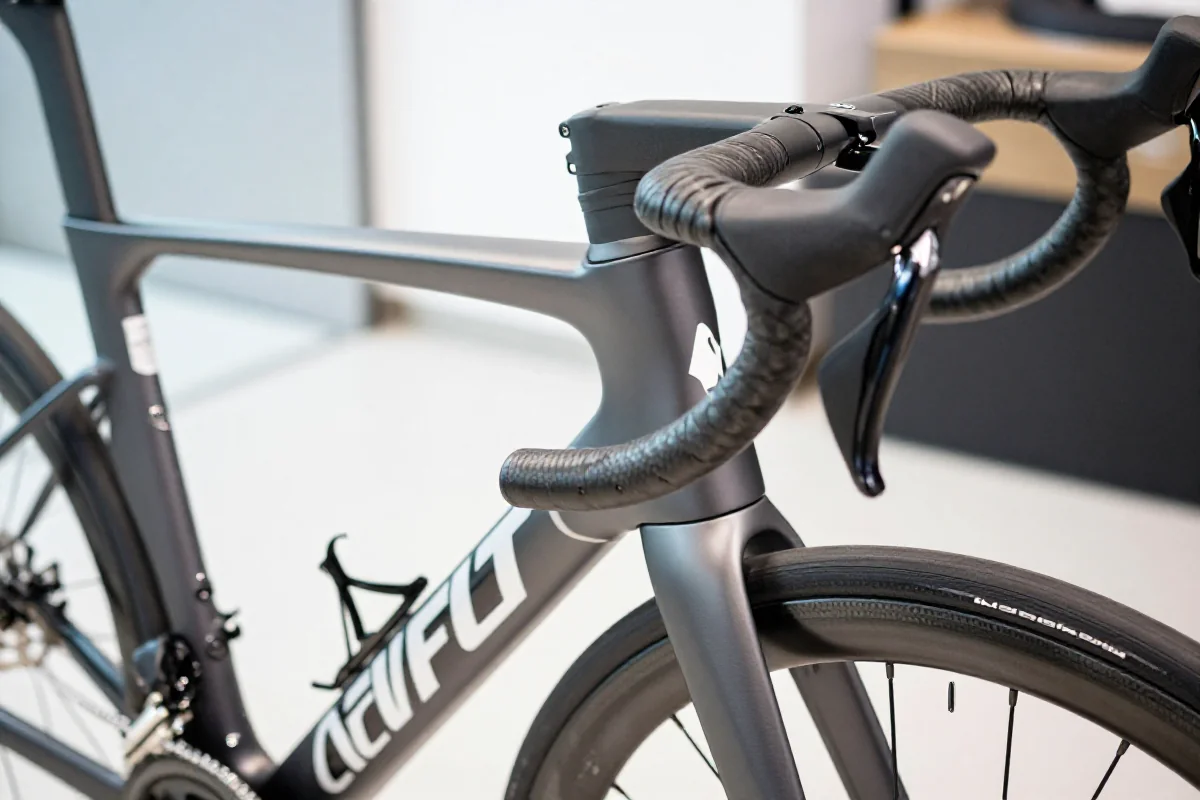 Szczegóły ramy roweru szosowego i komponentów treningu kolarskiego.